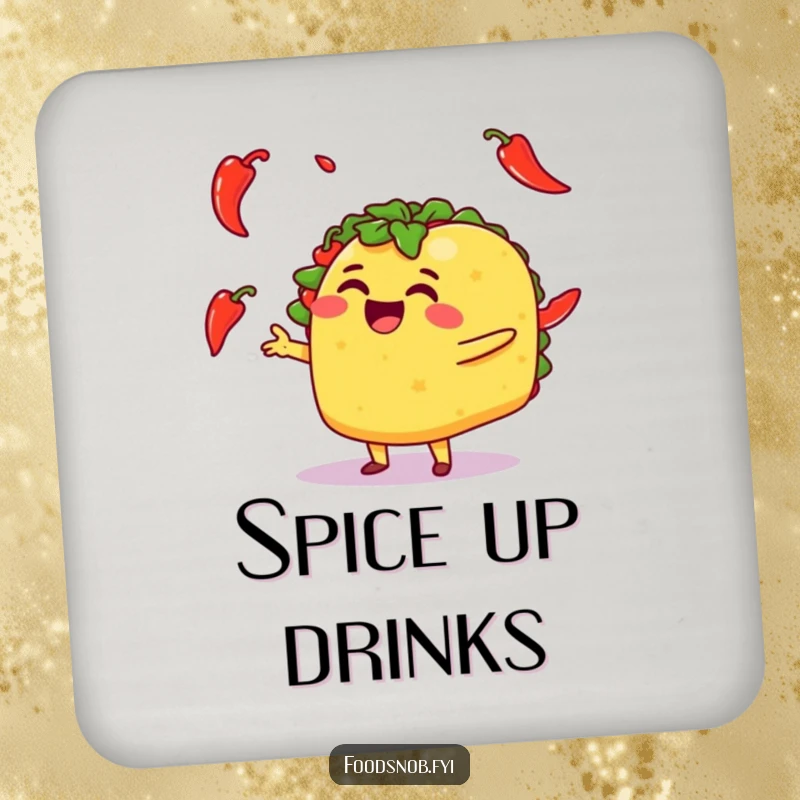 Funny drink coasters showcasing a happy taco character juggling small chili peppers, ideal for protecting tables.