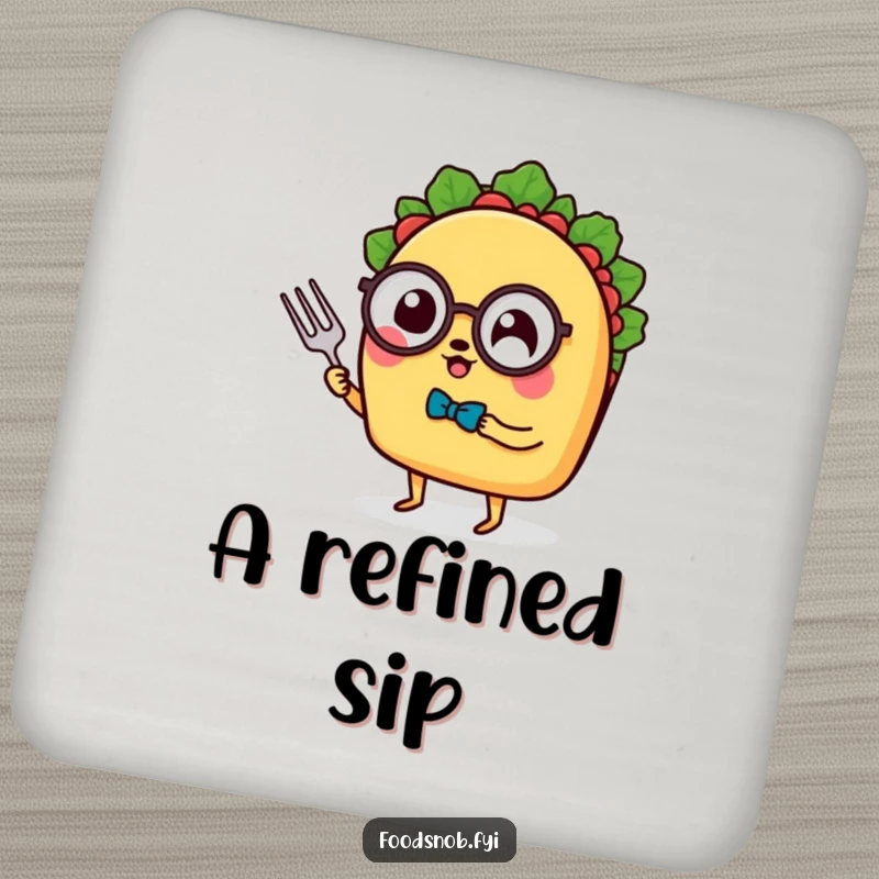 Funny Coaster Set: Sophisticated taco with tiny legs, monocle, and fork, protecting a table, ideal for a funny gift.