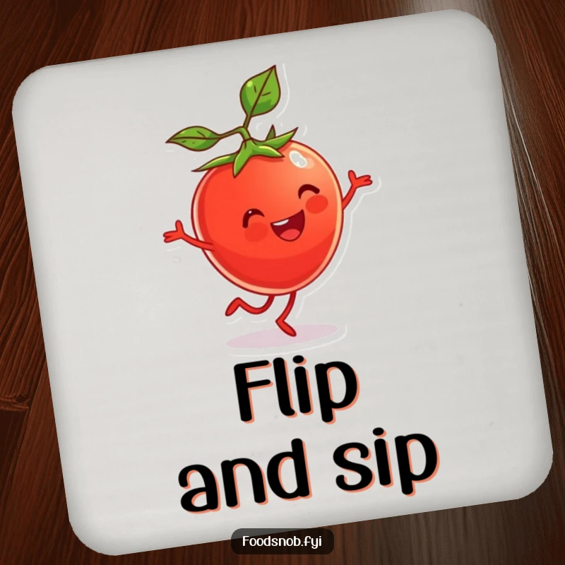 Funny Drink Coaster featuring a cherry tomato character doing a cartwheel. Adds character and protects surfaces.