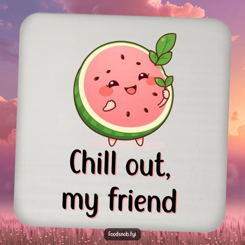 Funny drink coaster featuring a smiling watermelon slice character fanning itself with a leaf, adding a humorous and protective element.