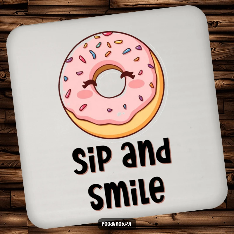 Funny drink coaster featuring a happy donut with sprinkles winking cheekily, adding a humorous and sweet touch to any table.
