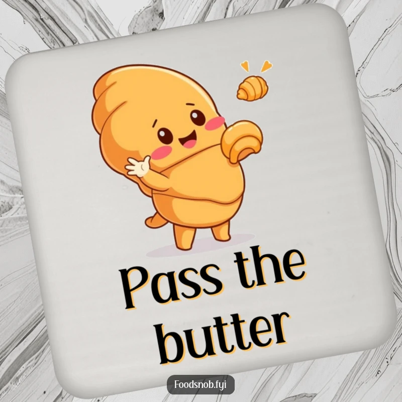 Funny drink coaster featuring a cute, smiling croissant character dramatically gesturing to a tiny golden croissant, protecting surfaces with humor.
