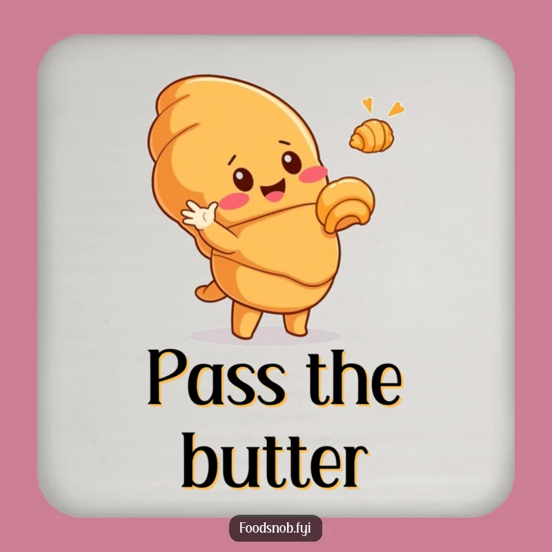 Funny Croissant Drink Coaster: Cute Pastry Character Hilariously Gestures to Tiny Golden Croissant