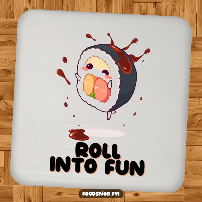 Funny Sushi Roll Coaster: A coaster depicting a cartwheeling sushi roll with soy sauce splashes, adding a humorous touch.