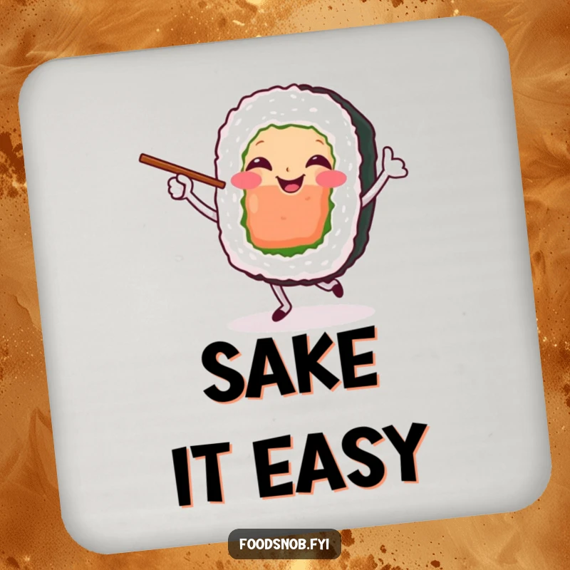 Funny Drink Coaster featuring a smiling sushi roll character dancing happily with chopsticks. Protects surfaces with flair.