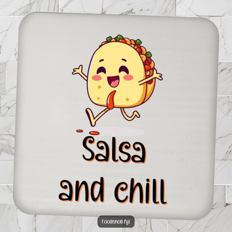 Funny coasters featuring a happy taco character skipping with salsa, adding a festive and humorous touch to any drink setup.