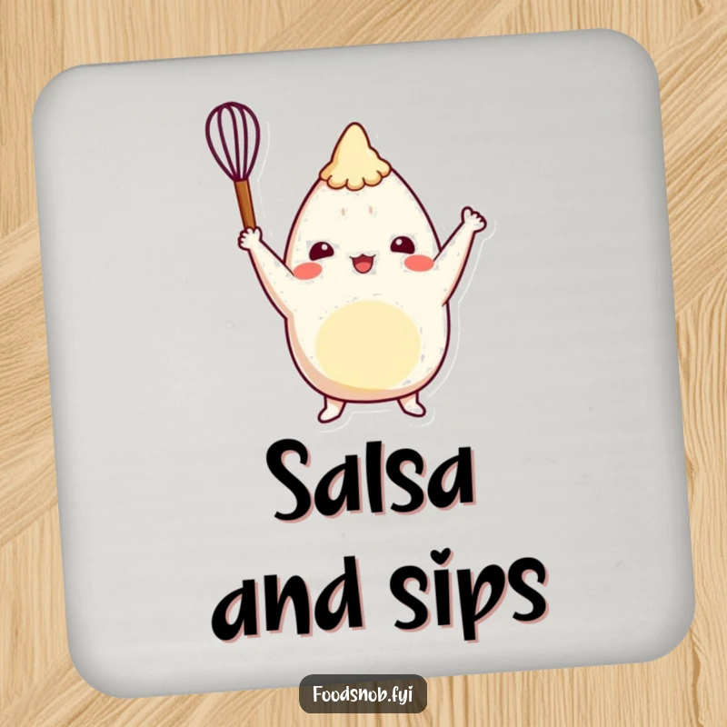 Funny burrito coaster with a cheerful character triumphantly raising a tiny whisk, a humorous addition to any drink setting.