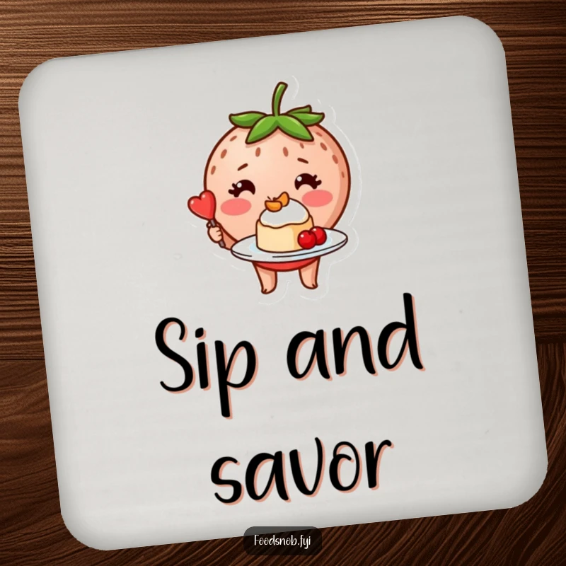 Funny blushing strawberry character proudly presenting a tiny, perfectly plated dessert on a cute drink coaster.