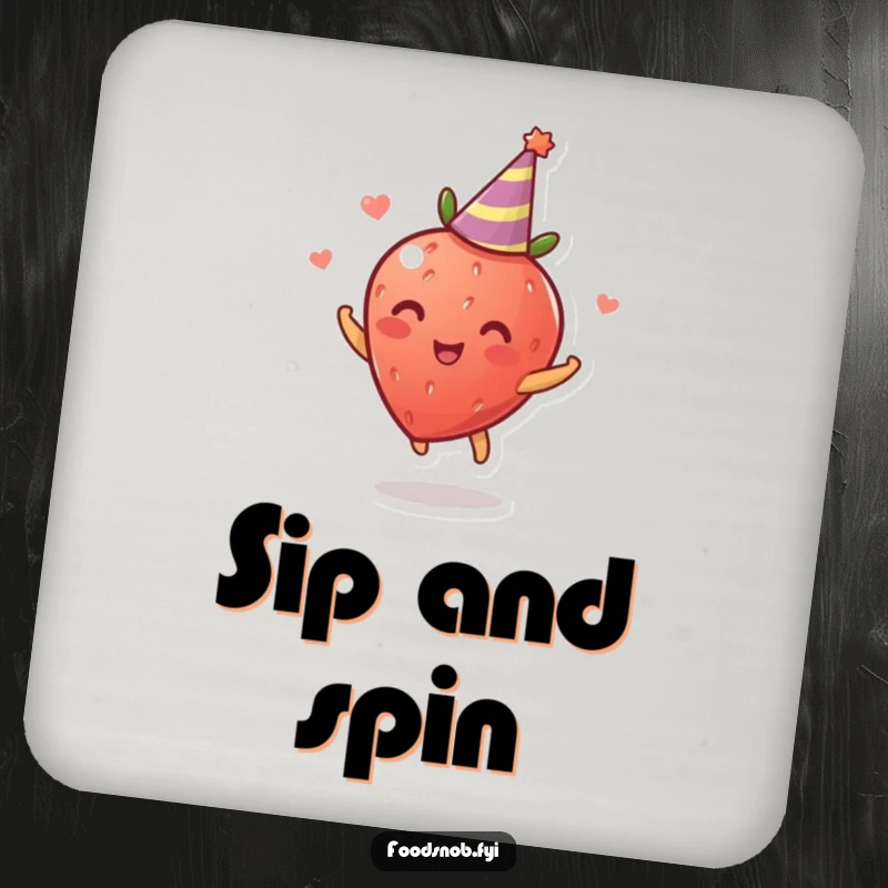 Funny Coaster: A small coaster featuring a delighted strawberry spinning joyfully while wearing a party hat, adding a fun, festive touch.