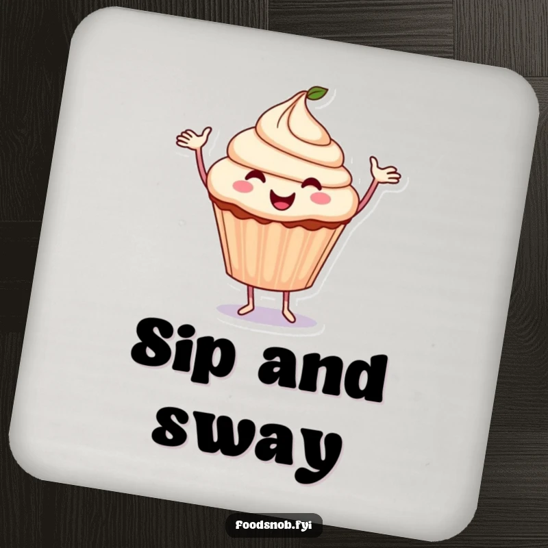Funny Cupcake Coaster: A smiling cupcake dances energetically, bringing joy and protecting surfaces.