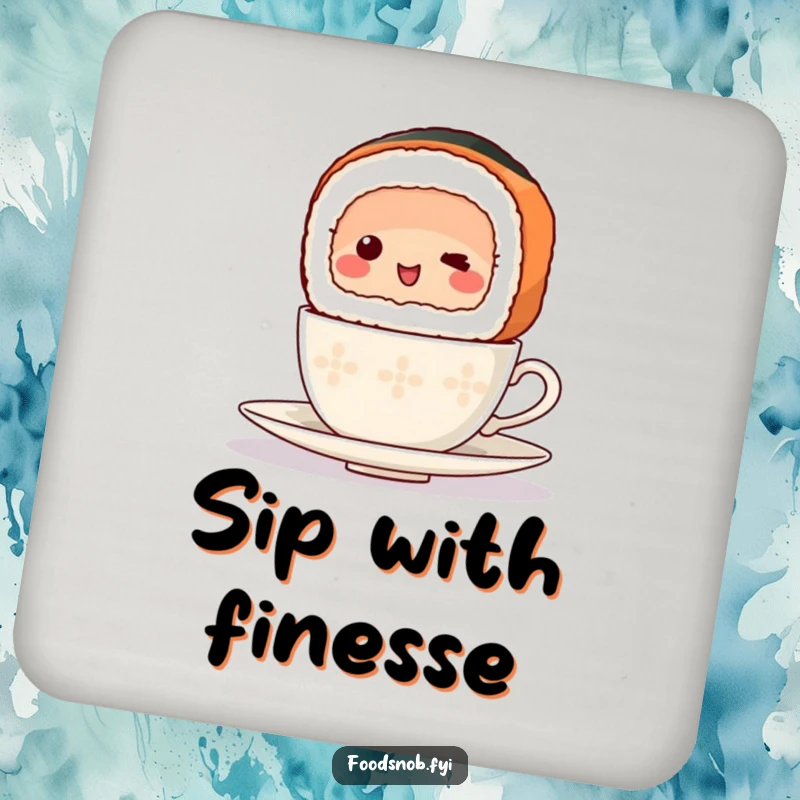 Funny Drink Coaster featuring a happy sushi slice attempting to balance a miniature teacup, adding a humorous touch to table protection.