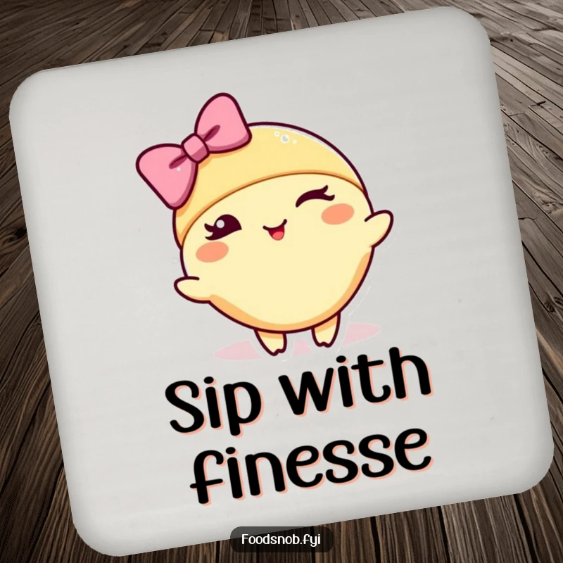 Funny drink coasters with a croissant character winking and bowing stylishly, adding a touch of refined humor to any setting.