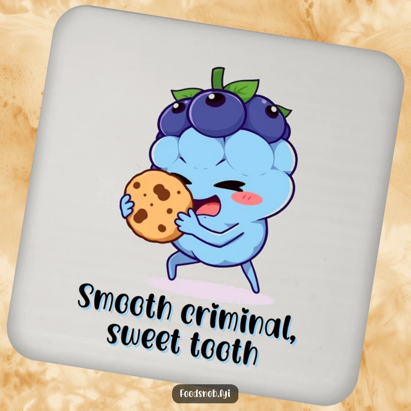 Funny drink coaster with a blueberry character stealing a cookie, protecting surfaces with humor, a great small gift.