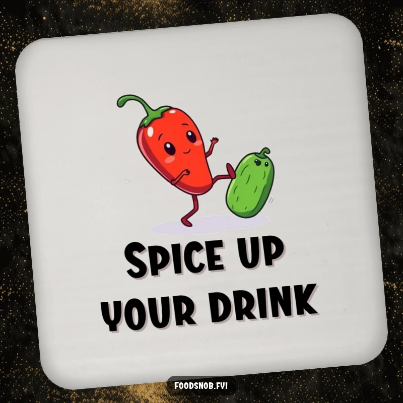 Funny Drink Coaster featuring a red chili pepper with tiny legs comically kicking a small cucumber, adding a humorous touch to table protection.