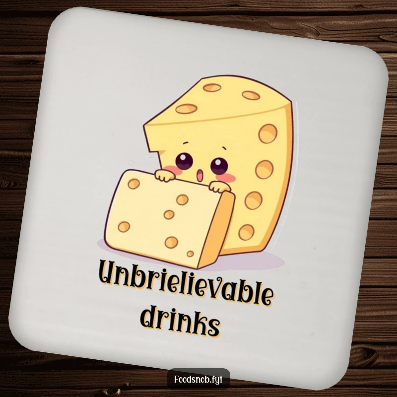 Funny drink coaster featuring a surprised cheese wedge character peering over a large fancy cracker, offering protection with humor.