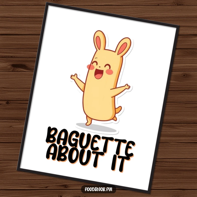Funny thrilled baguette character joyfully hopping with a smile, creating a whimsical and humorous piece of wall art.