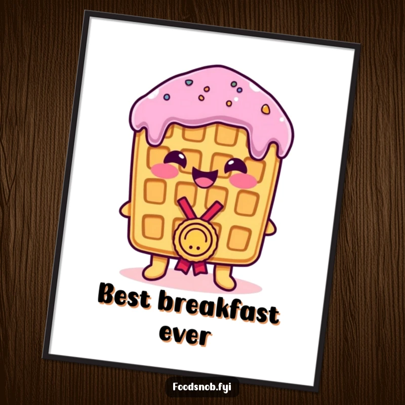 Funny Poster: A smiling waffle proudly receiving a tiny medal, celebrating achievement with vibrant humor, perfect for a funny gift.