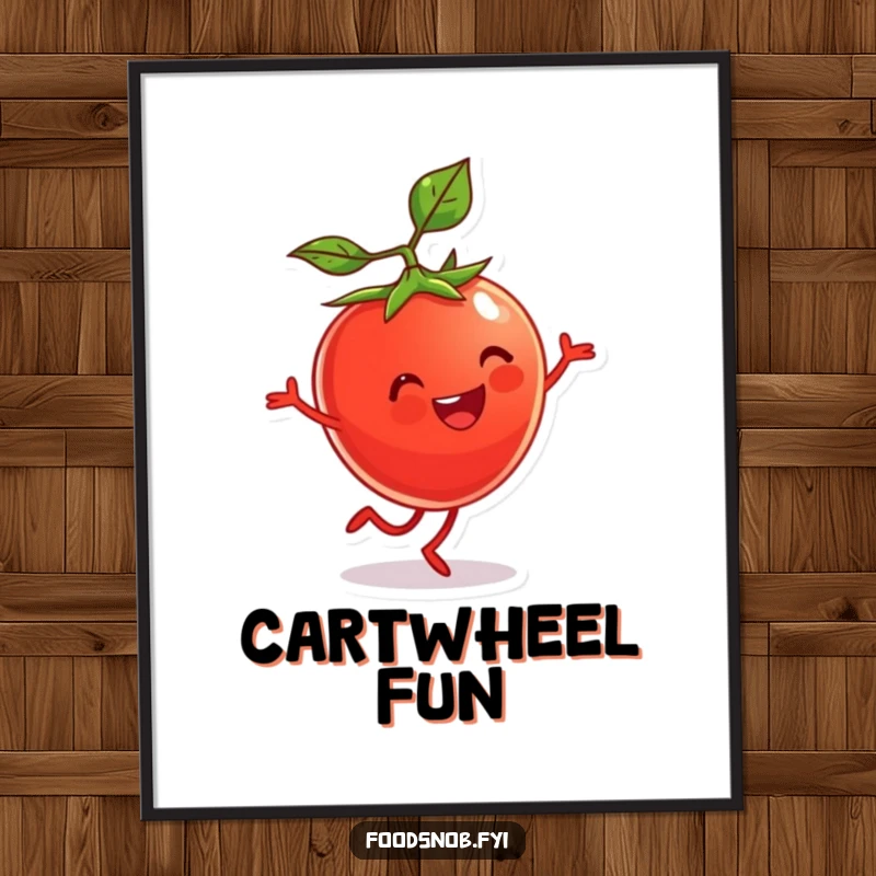 Funny Poster of a beaming cherry tomato character with tiny legs in a mid-cartwheel motion. Energetic and fun.