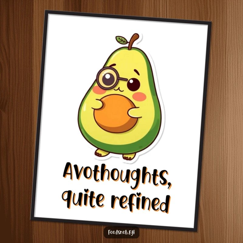 Funny wall poster, a plump avocado wearing a tiny monocle, deep in thought, sophisticated and humorous wall art.