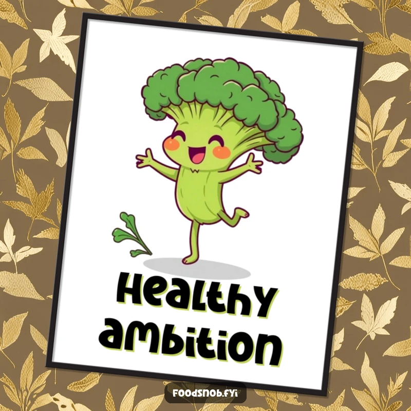 Funny poster art of a joyful broccoli character attempting a cartwheel with visible effort, radiating humorous perseverance and cheerful energy.