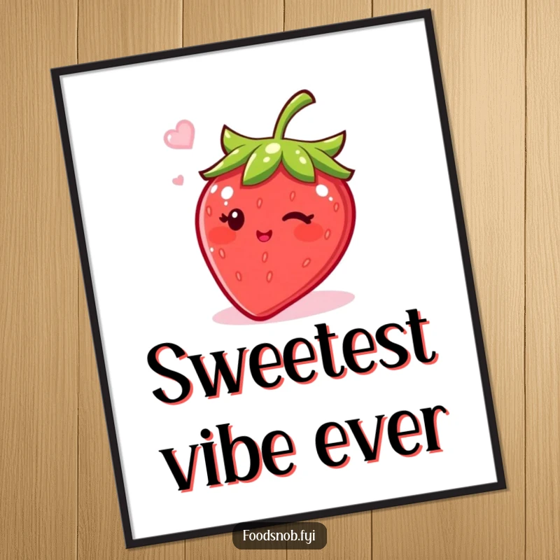 Funny poster featuring a bubbly strawberry character winking playfully with a sprinkle of sugar, a cheerful wall art piece.