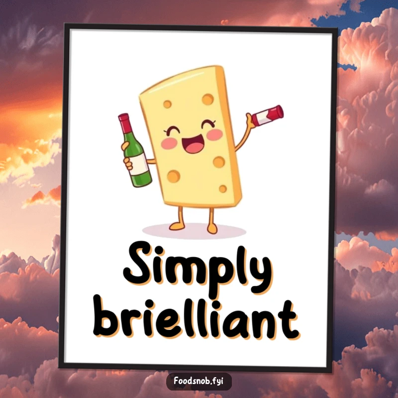 Funny gleeful cheese slice character balancing a tiny wine bottle, displayed as humorous wall art for kitchens.