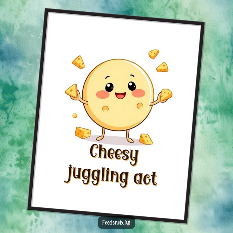 Funny Cheese Poster: Whimsical artwork of a happy cheese character juggling multiple small cheese wedges, ideal for kitchen decor.