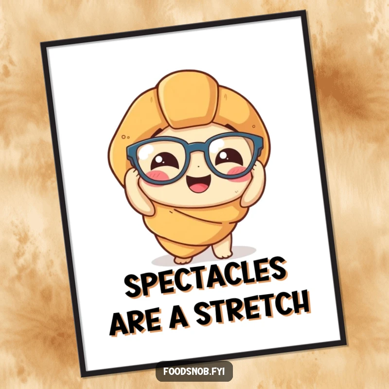 Funny Poster: A vibrant depiction of a giggling croissant hilariously attempting to put on tiny spectacles, a piece of quirky wall art.