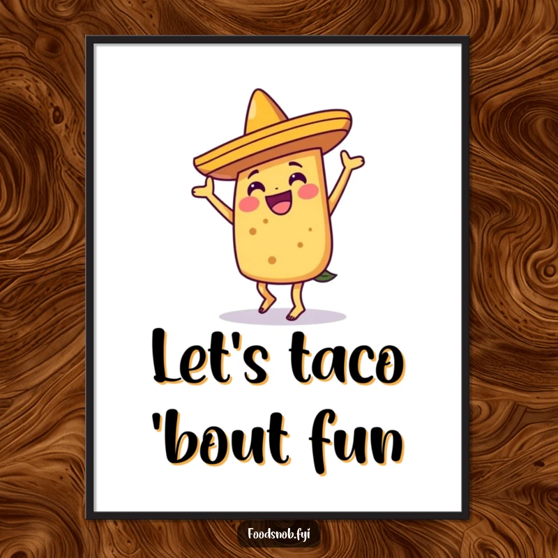 Funny joyful taco character dancing crazily with a sombrero, creating a vibrant and humorous piece of wall art.