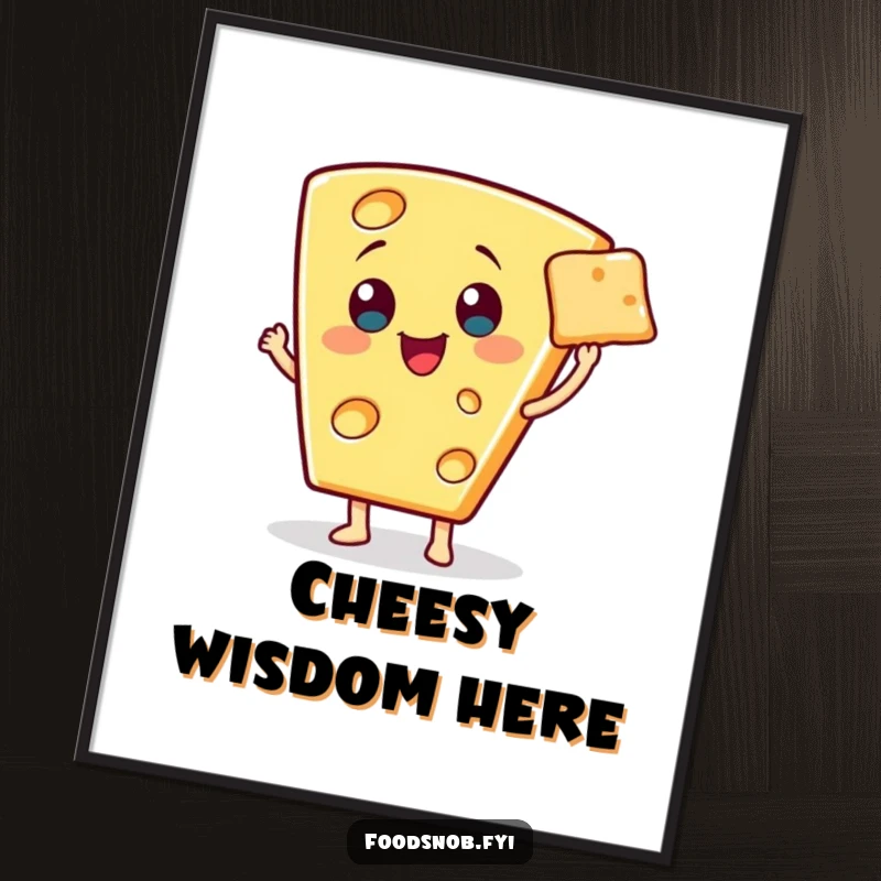 Funny poster of a cheerful cheese wedge character presenting a single, miniature cracker with an elegant flourish, for classy decor.