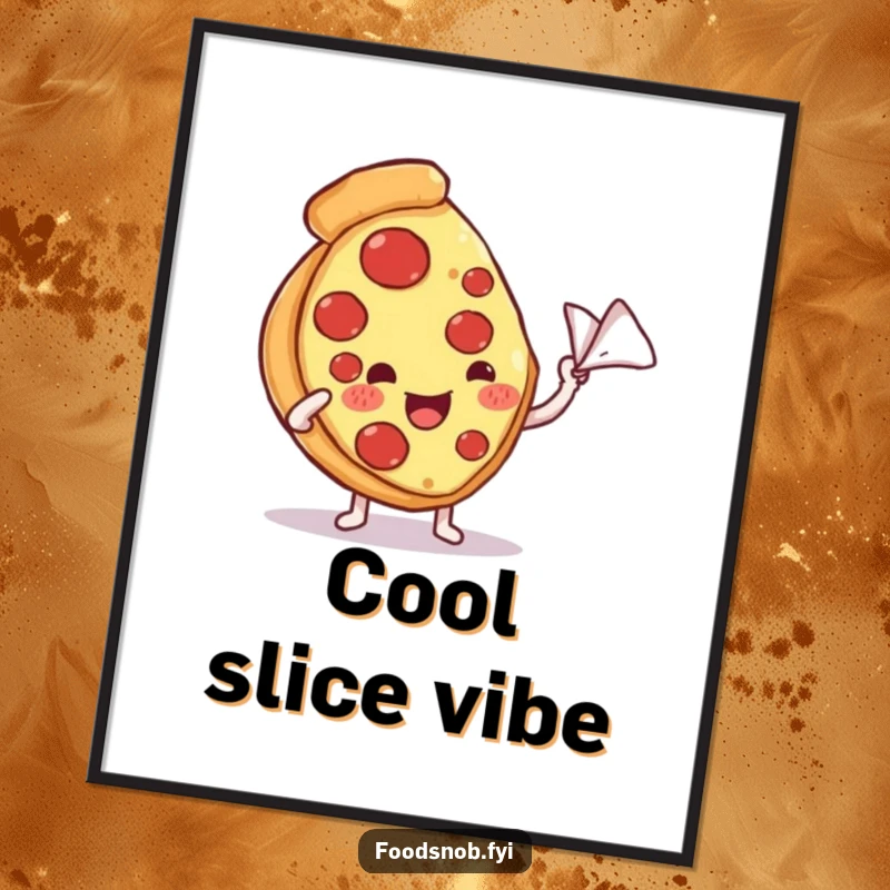 Funny poster art of a contented pizza slice character being fanned with a tiny napkin, bringing humorous warmth and cheesy delight to any wall.