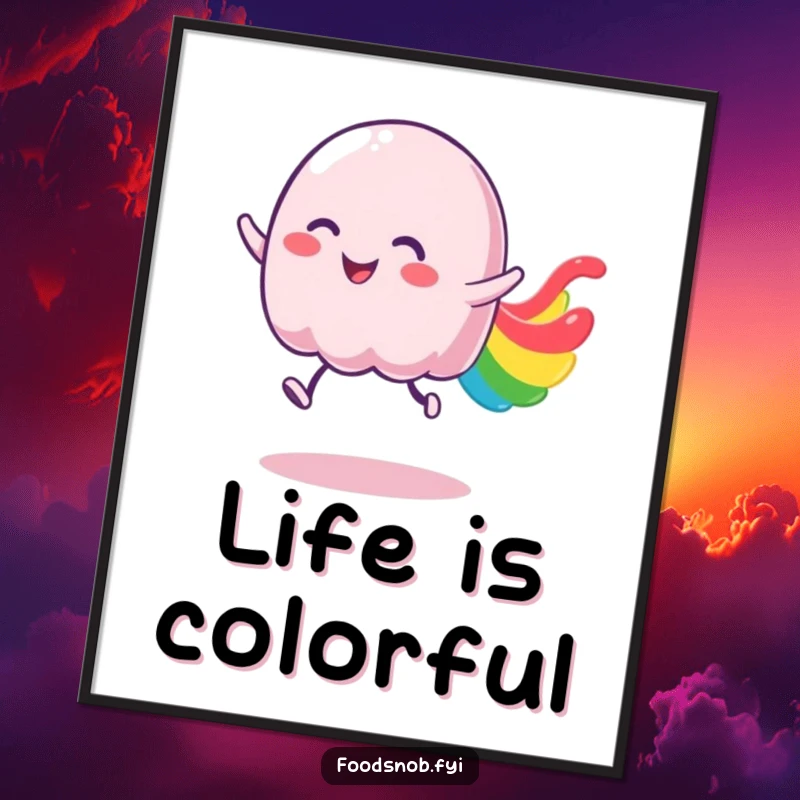 Funny jelly art print of a wobbly character bouncing with pure joy, leaving a spectacular, colorful trail.