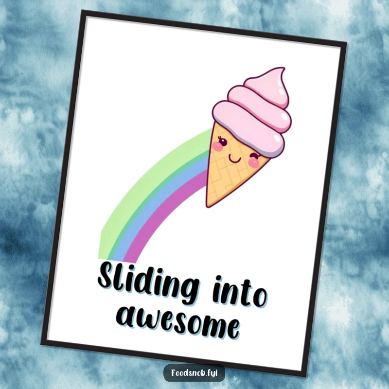 Funny poster featuring a smiling kawaii ice cream cone gleefully riding down a colorful rainbow, a cheerful and uplifting piece of art.
