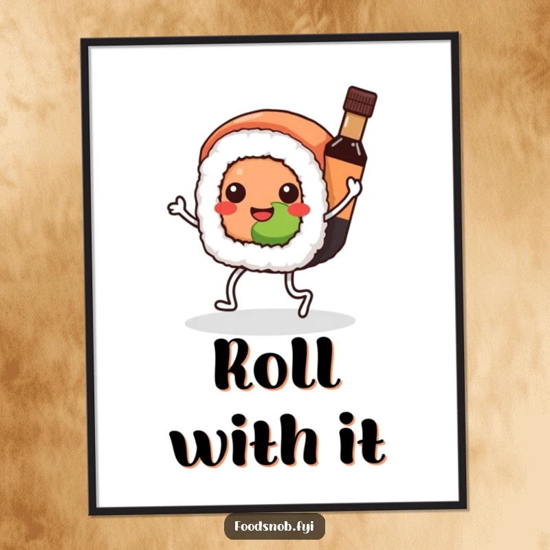 Funny Kawaii sushi poster, a sushi roll dancing with a soy sauce bottle, vibrant and humorous wall art for a lively atmosphere.