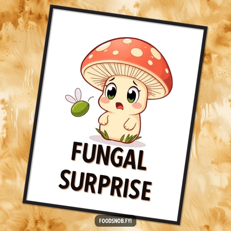 Funny poster art of a mushroom character with exaggerated wide eyes, caught off guard by a zipping olive.