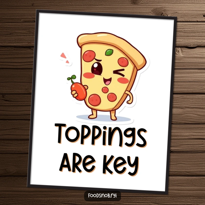 Funny poster print of a mischievous pizza slice character winking with a small pepperoncini, adding foodie art.