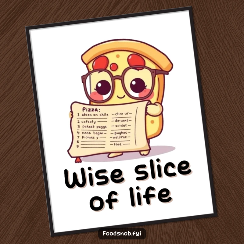 Funny poster of a cute pizza slice character with tiny glasses, diligently studying a detailed recipe scroll for culinary knowledge.