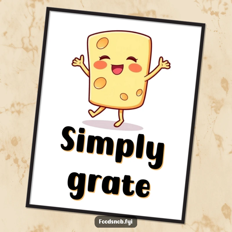 Funny poster depicting a smiling cheese slice doing a happy jig, bringing a humorous and vibrant touch to wall decor.
