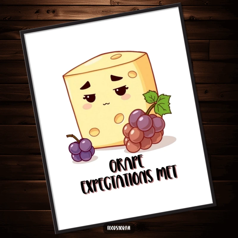 Funny stern cheese poster with a discerning cheese, stern expression, inspecting a tiny grape, sophisticated humorous art gift.