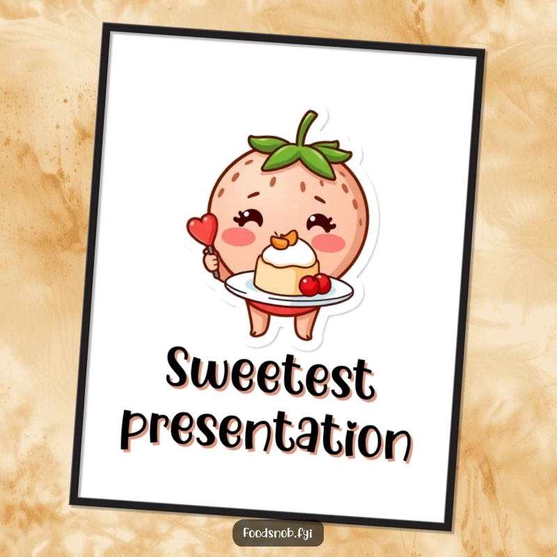 Funny blushing strawberry character proudly presenting a tiny, exquisitely plated dessert, presented as a charming poster.
