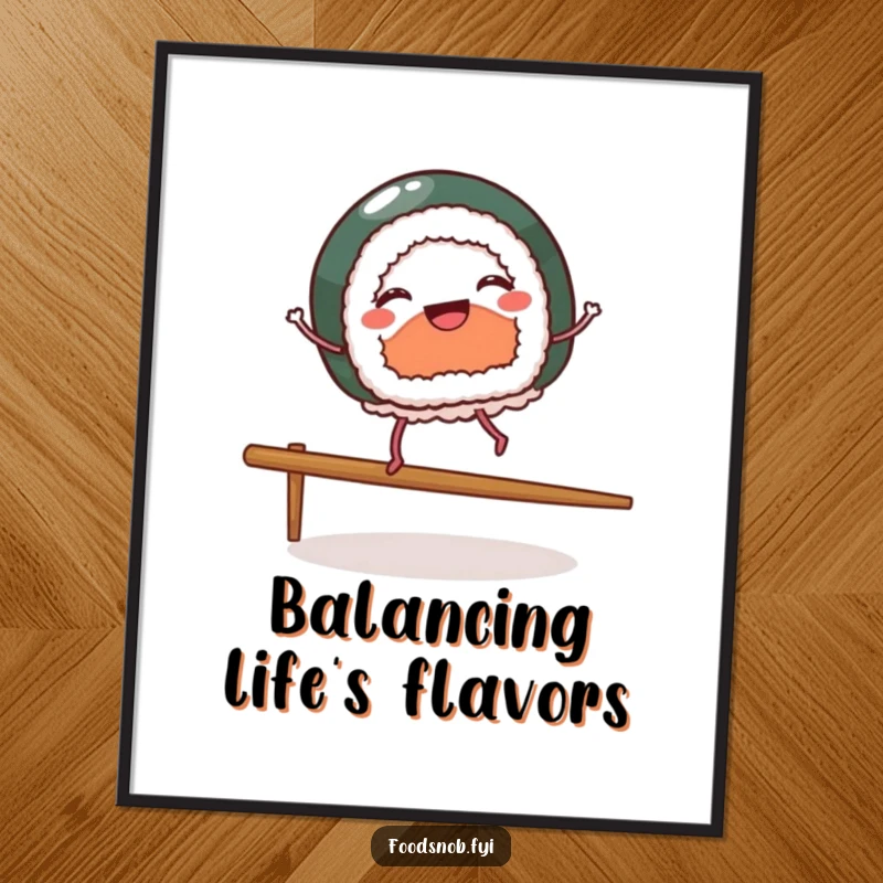 Funny poster of a piece of sushi with tiny legs dancing happily on a chopstick, perfect for humorous kitchen decor.