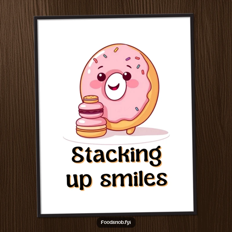 Funny poster of a smiling donut character with sprinkles attempting to perfectly stack tiny macarons, capturing sweet struggle.