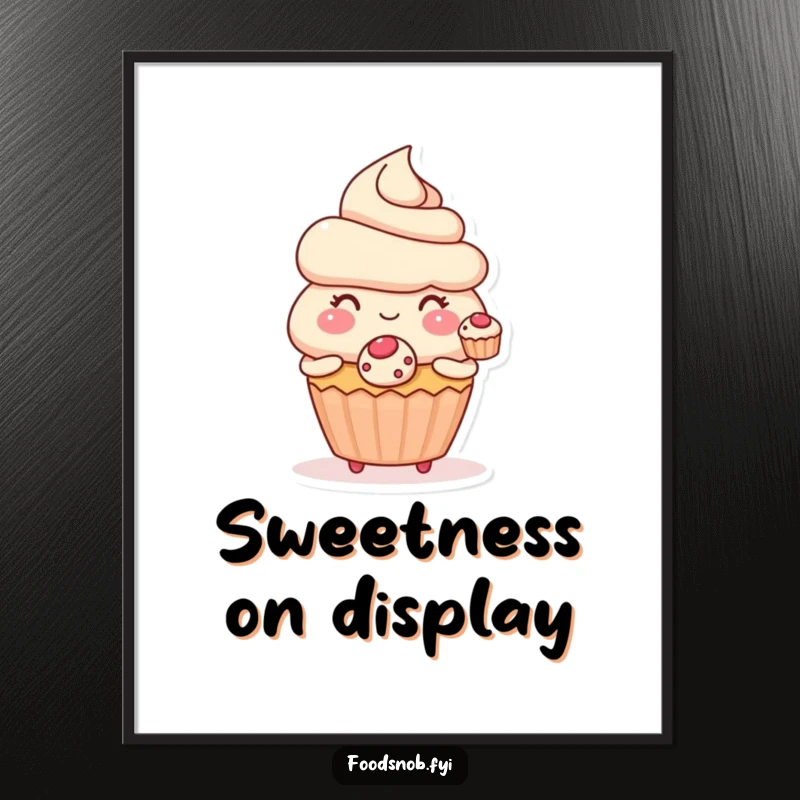 Funny poster of a blushing cupcake character offering a tiny, perfect pastry, creating a heartwarming and humorous art piece.