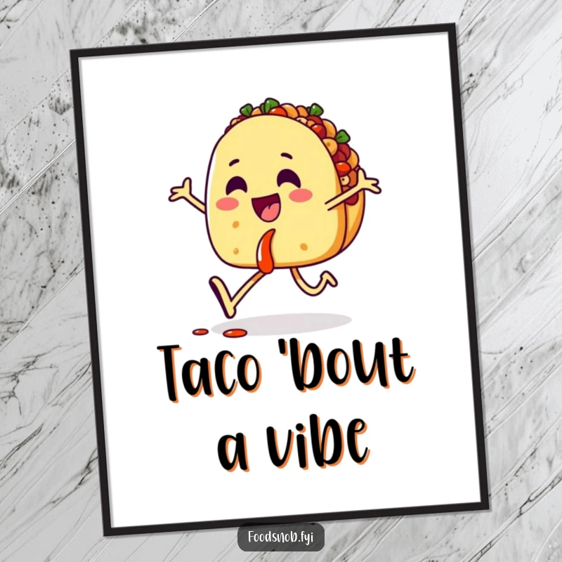Funny poster of a happy taco character skipping with dripping salsa, bringing a vibrant and joyful fiesta to your decor.