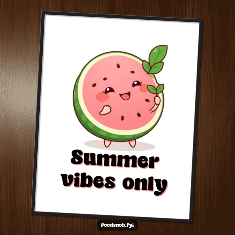 Funny poster featuring a smiling watermelon slice character fanning itself with a leaf, conveying a humorous and refreshing summer atmosphere.