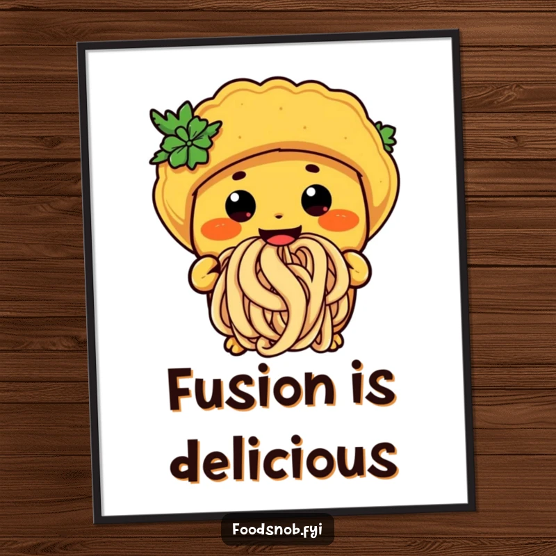 Funny taco noodle poster showcasing a character happily slurping a giant noodle, bringing playful food art to walls.