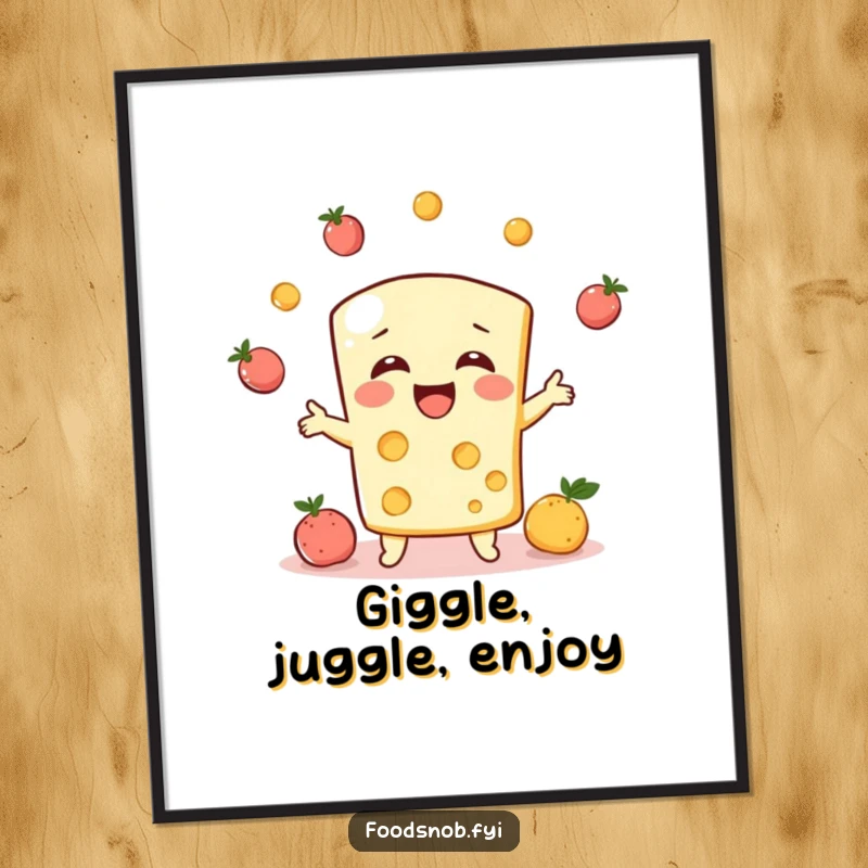 Funny wall poster, a bubbly cheese character giggling while juggling tiny fruits, vibrant and full of amusement.