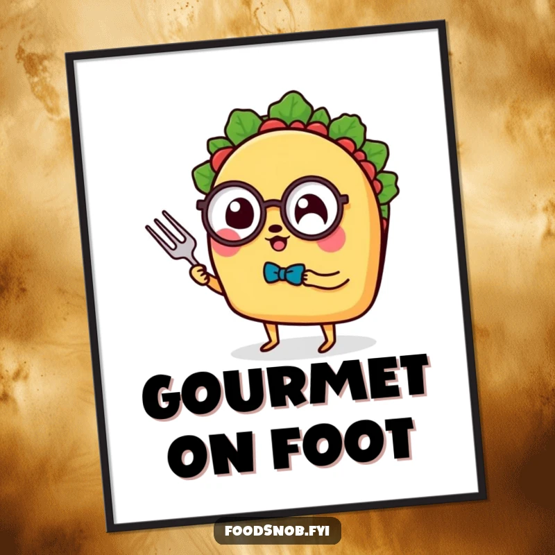 Funny Poster: A sophisticated taco with tiny legs, monocle, and fork, adorning a wall with its refined humor, perfect for a funny gift.