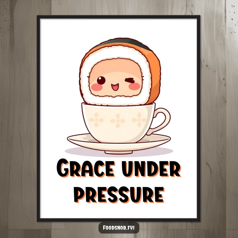 Funny Poster artwork of a smiling sushi slice precariously balancing a tiny teacup, capturing a moment of delicate, humorous effort.