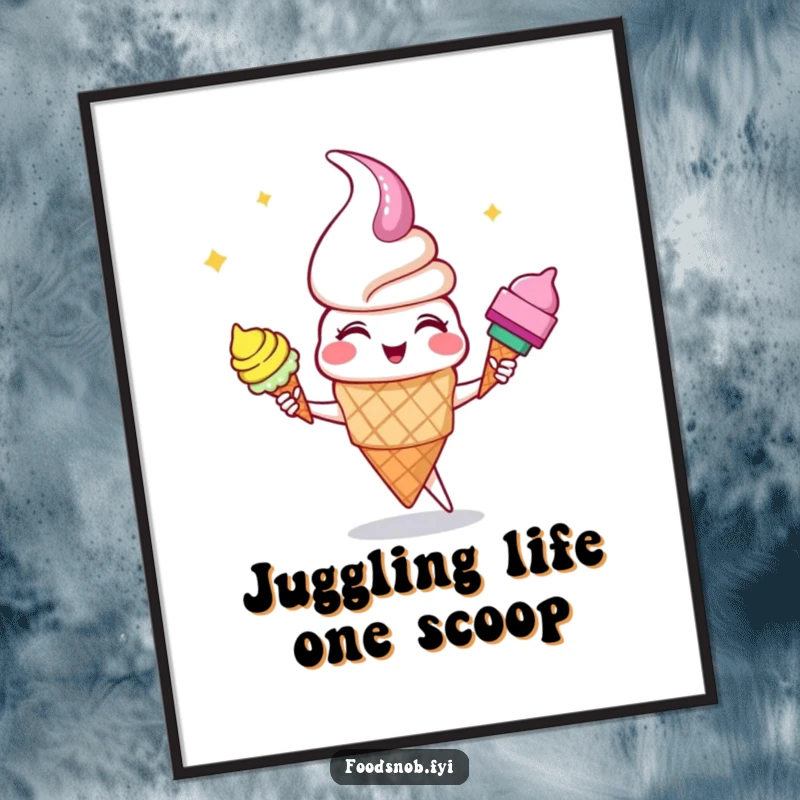 Funny giggling ice cream cone character juggling colorful cones, creating a whimsical and humorous piece of wall art.